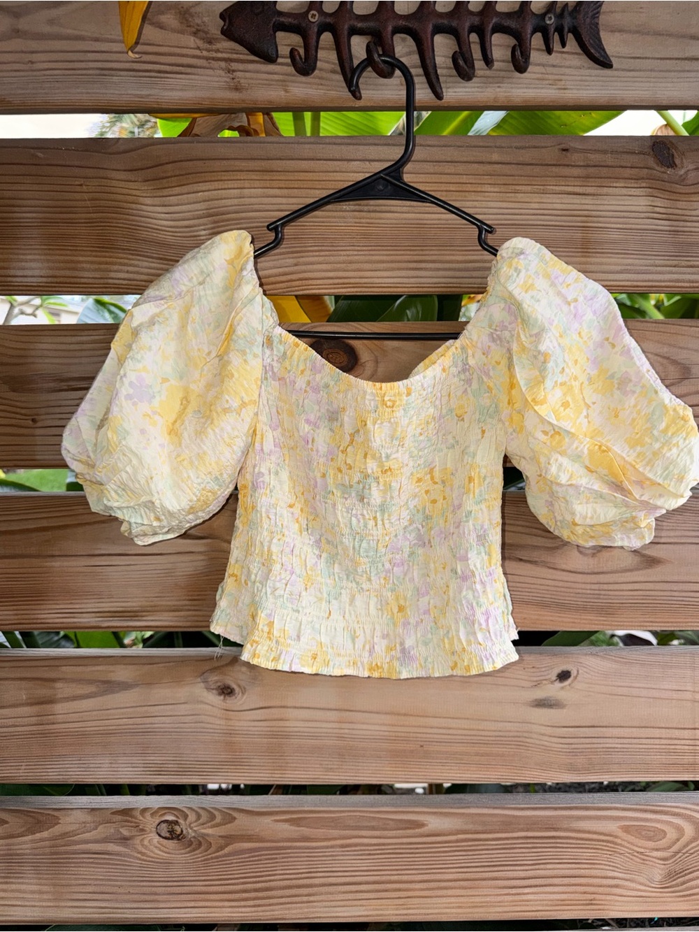 H&M Yellow Floral Puff-Sleeve Smocked Crop Top